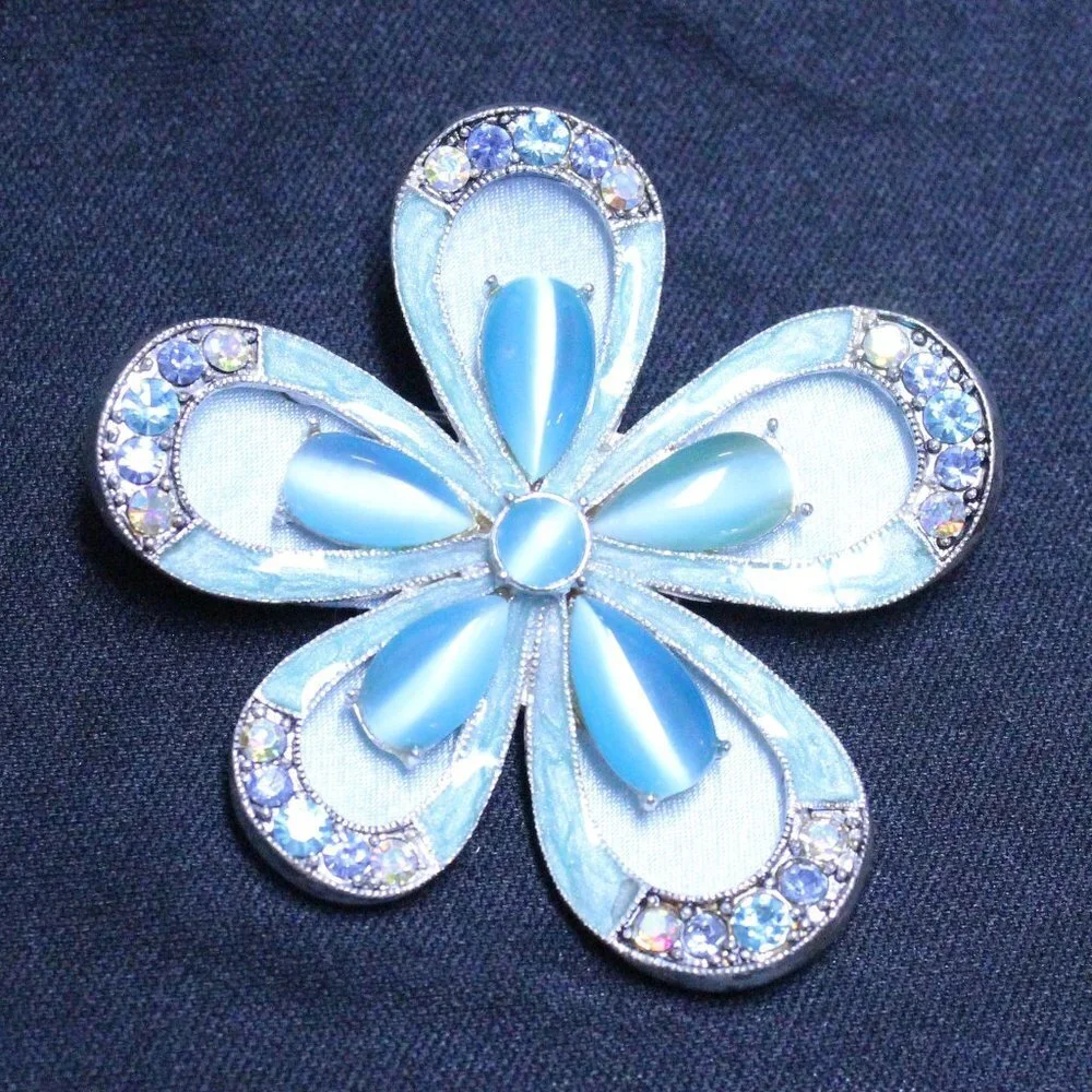 Monet Blue Moonstone & Rhinestone Flower Brooch